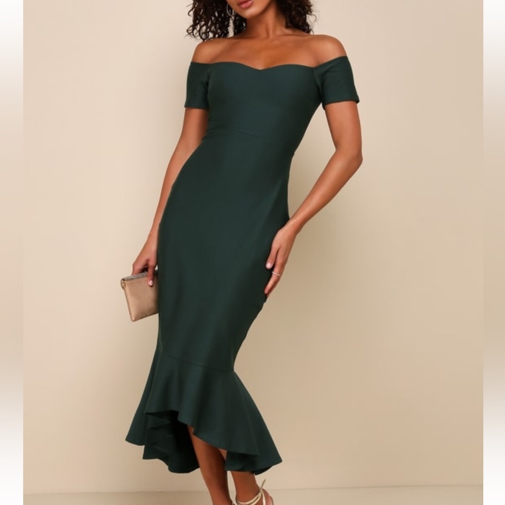 A2 - 120 Lulus How Much I Care Dark Green Off-the-Shoulder Midi Dress SZ MED NWT